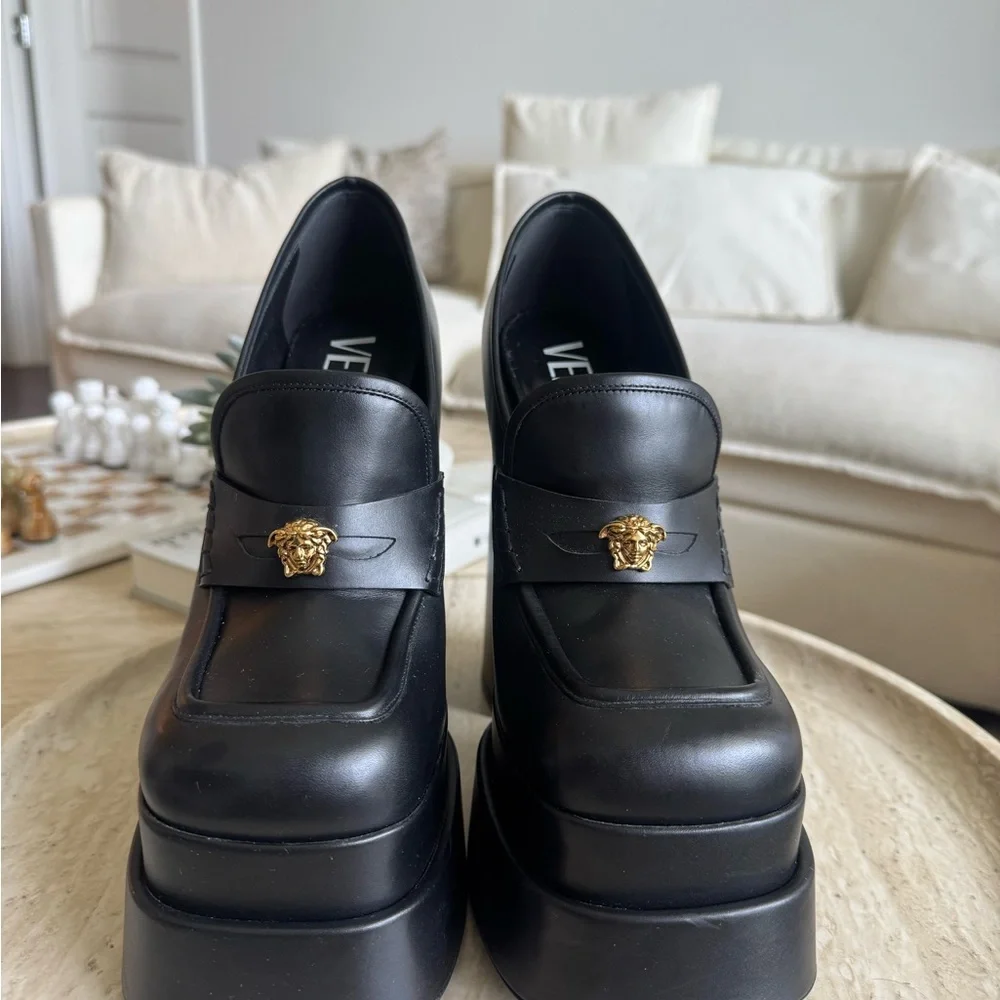 Versace Black Leather Platform Loafers with Gold Medusa